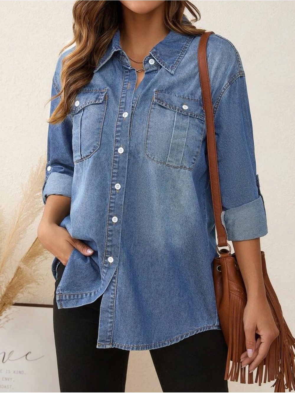 SHEIN Washed Blue Denim Button-Down Shirt